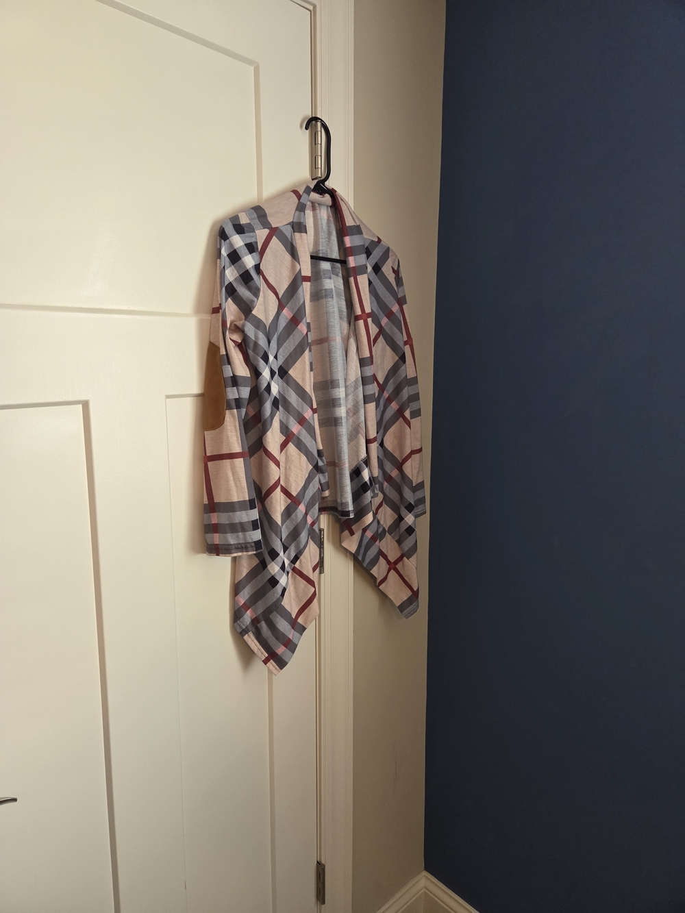 Plaid Open-Front Women's Jacket - Beige/Navy/Red